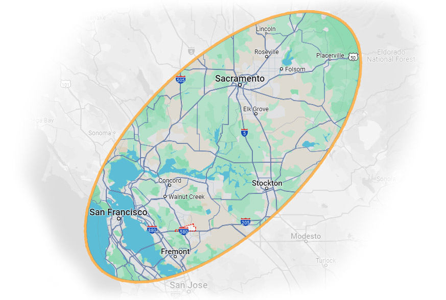 Map highlighting Paragon Electric's extensive service area, featuring a wide range of expert electrical solutions across key cities like Sacramento, San Francisco, Roseville, Placerville, Folsom, Elk Grove, Stockton, Concord, Walnut Creek, Fremont, and San Jose.